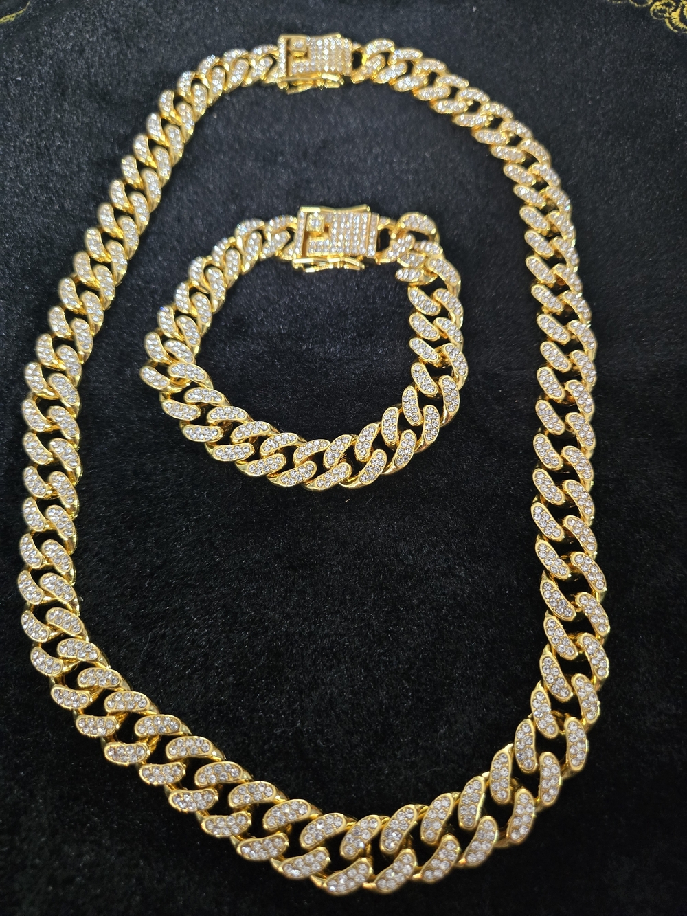 Gold Cuban Link Necklace and Bracelet Set with Pavé Crystals - Women's Jewelry